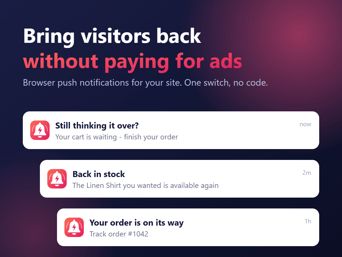 Three push notifications: cart reminder, back in stock and order on its way