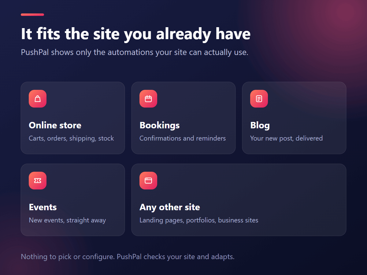 PushPal works for online stores, bookings, blogs, events and any other Wix site