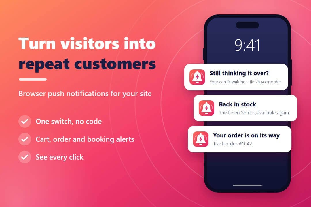 Push notifications for a waiting cart, a back-in-stock item and a shipped order on a phone lock screen