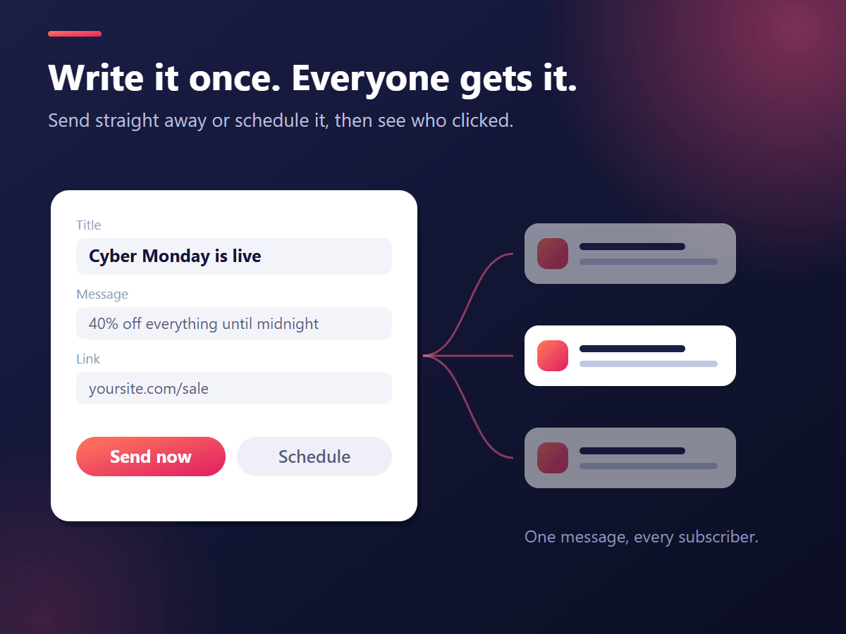 Campaign form with a title, message and link, with Send now and Schedule buttons
